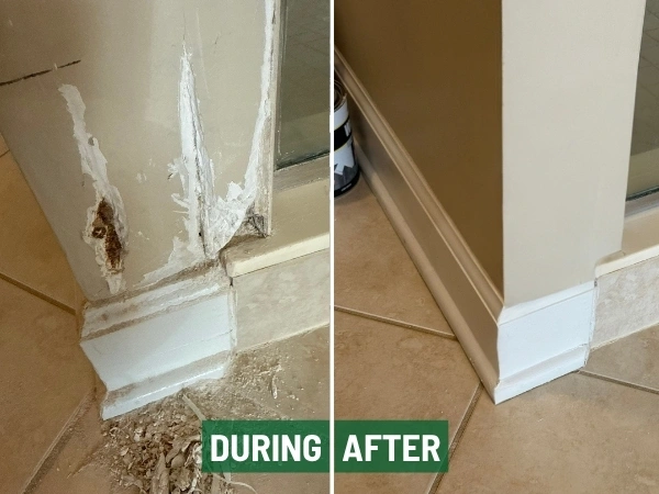 Bathroom wall damage shown during repair and after repainting
