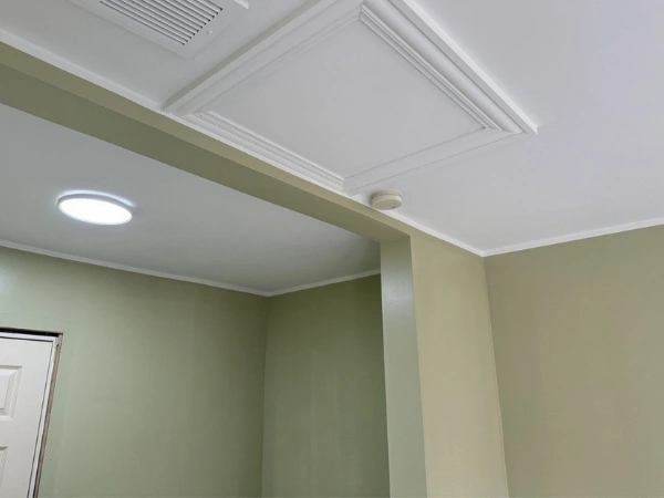 Finished room with painted green walls, white ceiling trim, and an LED ceiling light