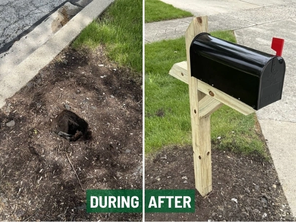 During and after views of a roadside mailbox and treated wood support post installation